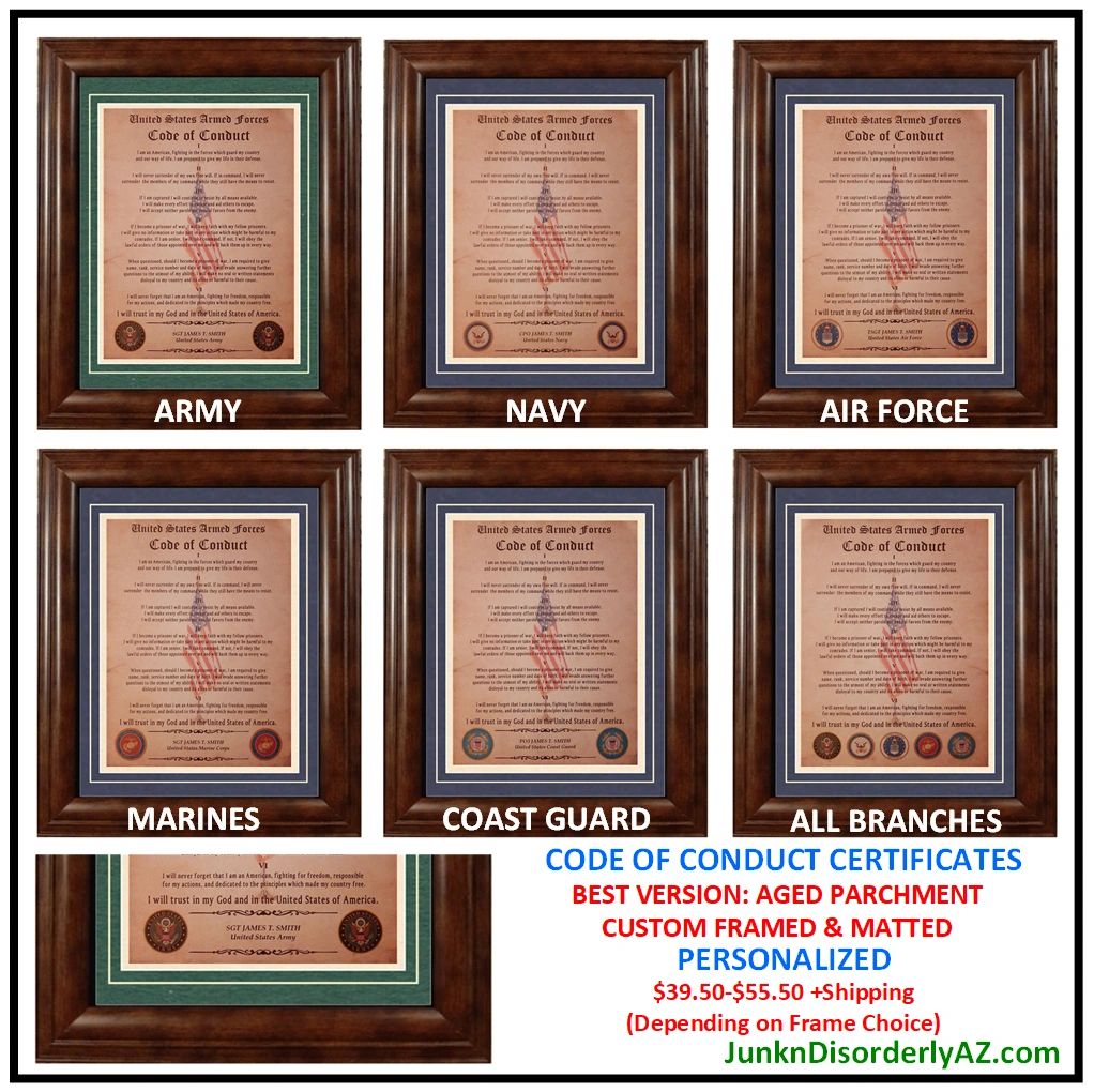 BEST US Military Code of Conduct Aged Parchment Framed Matted